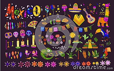 Big vector set of mexico elements, symbols & animals in flat hand drawn style isolated on dark background. Vector Illustration