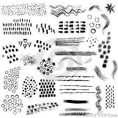 Big Vector set of textured dry brush strokes in black ink. Colle Vector Illustration