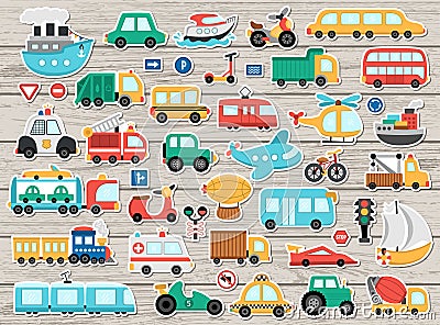Big vector transportation stickers set. Transport patch icons collection with funny bus, car, boat, truck. Cute cartoon road way Vector Illustration