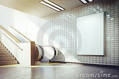 Big vertical blank billboard with escalator Stock Photo