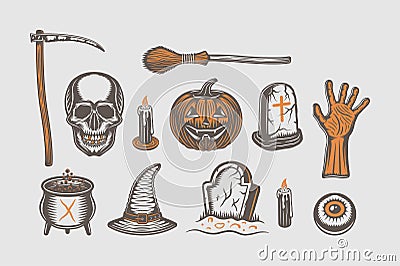 Big vintage halloween set of broom, skull, pumpkin, hand, graves Vector Illustration