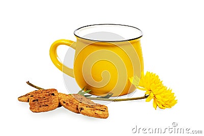 Big vivid yellow cup of milk, cookies and beautiful chrysanthemum flower isolated on white background Stock Photo