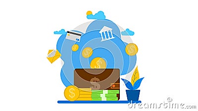Big wallet and stack of coin Vector Illustration