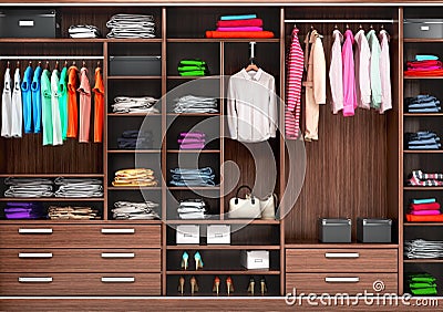 Big wardrobe with different clothes for dressing room. Cartoon Illustration