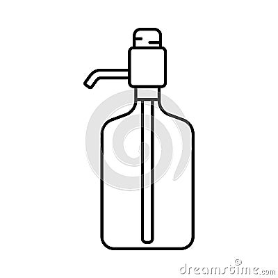 Big water bottle with manual pump. Line art icon of dispenser with button, nose. Black illustration of clear plastic bottle for Vector Illustration