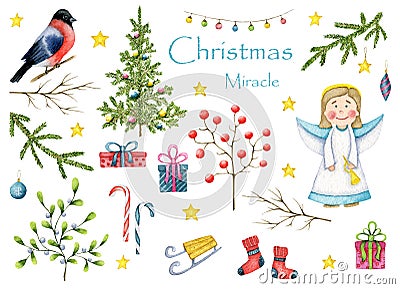 Big watercolor set `Christmas Miracle`. Christmas angel, cute bullfinch, tree, mistletoe, sprig of viburnum, gifts, stars, stockin Stock Photo