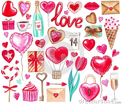 Big watercolor set for Valentine`s day. Lips, heart, love, candy, cake, letter, gift and other cute hand drawn elements Stock Photo