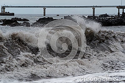 Big wave on the coast at storm, Madeira Stock Photo