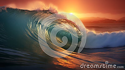 Big wave is crashing into a beautiful sunset inside the waves view Stock Photo