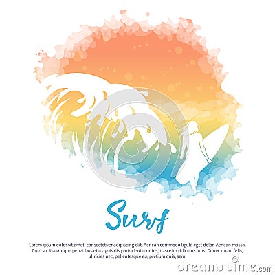 Big wave, a girl with a surfboard Vector Illustration