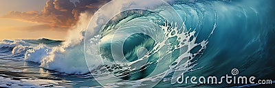 Big wave in the ocean. Raging sea, surfing wave. Landscape of a water whirlpool. Stock Photo