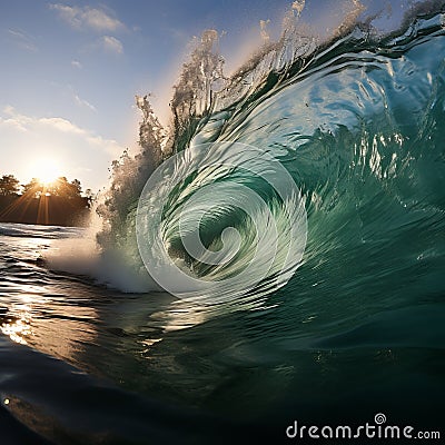 Big wave in the ocean. Raging sea, surfing wave. Landscape of a water whirlpool. Stock Photo