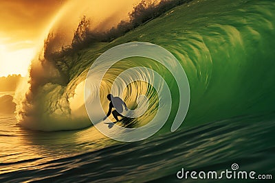 Big wave surfer in a perfect barrel Stock Photo