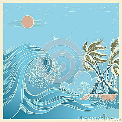 Big waves blue seascape Vector Illustration