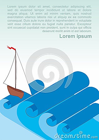 Big waves and a boat with sails floating on the waves of paper. Rolls of wavy twisted paper. Bright vector image for posters, book Cartoon Illustration