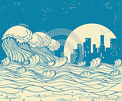 Big waves in night.Vector poster illustration on old paper texture Vector Illustration