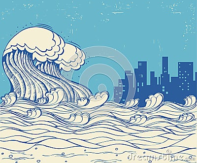 Big waves poster illustration on old paper texture Vector Illustration