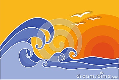 Big waves with sun and seagulls, vector, illustration. Summer. Vector Illustration