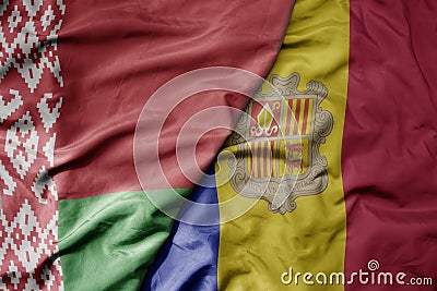 big waving national colorful flag of belarus and national flag of andorra Stock Photo
