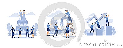 a big wedding cake with a pair of bride and groom, Receipt of money from the tap, rise of the career to success, Vector Illustration