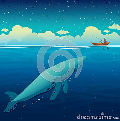 Big whale, fisherman and boat, night sky, calm sea. Cartoon Illustration