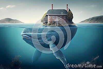 Big whale swimming under water, house on an island on his back, surreal maritime concept, generative AI Stock Photo