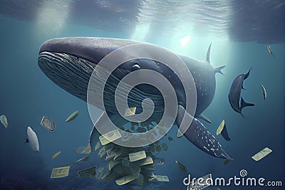A big whale swims underwater. Generative AI Stock Photo