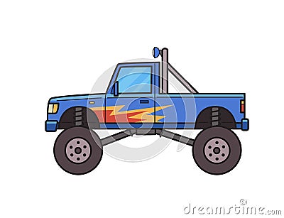 Big wheel monster truck decorated with fire pattern. Bigfoot truck. Isolated image on white background. Vector Vector Illustration