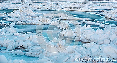 Big white and blue pieces of ice and snow. debacle Stock Photo