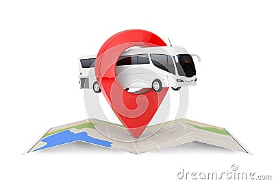 Big White Coach Tour Bus over Folded Abstract Navigation Map with Target Pin Pointer. 3d Rendering Stock Photo