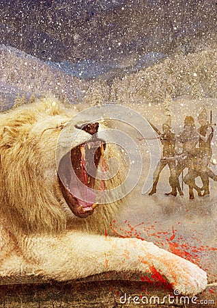Big white lion in a winter land Stock Photo