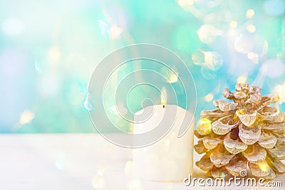 Big White Lit Burning Candle Pine Cone Sparkling Garland Lights Pale Blue Background Christmas New Year Greeting Card Stock Photo