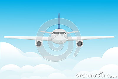 Big white passenger airplane turbine jet plane in blue sunny sky flat vector illustration Vector Illustration