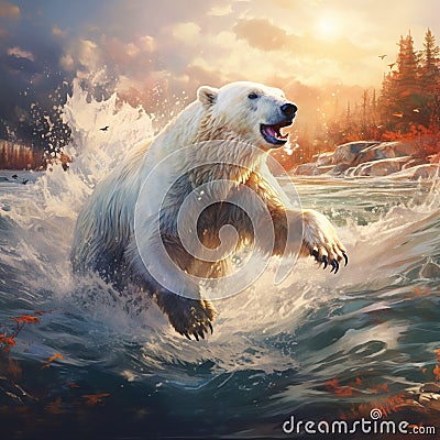 Big white Polar bear goes for a swim in the Early spring in wild bear catches a Cartoon Illustration