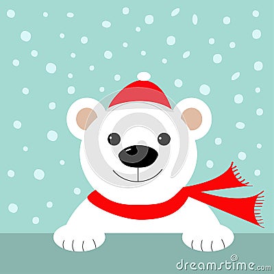 Big white polar bear in santa claus hat and scarf. Merry Christmas Greeting Card. Vector Illustration