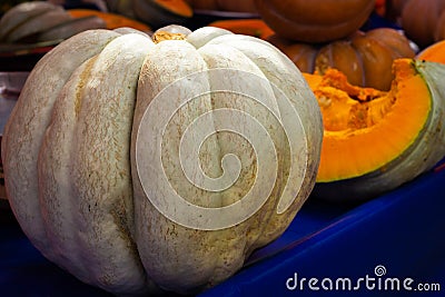 Big whole pumpkin with slices on a blue table Stock Photo