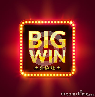 Big Win glowing banner for online casino, slot, card games, poker or roulette. Jackpot prize design background. Winner sign Vector Illustration