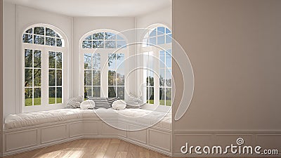 Big window with garden meadow panorama, minimalist empty space, Stock Photo