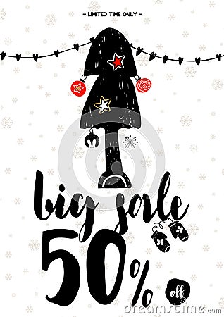 Big winter sale coupon with black calligraphy font. Vector illustration In candinavian style, salling card, coupon Vector Illustration