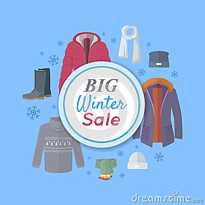 Big Winter Sale. Winter Clothes Web Banner Poster Vector Illustration