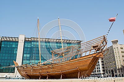Big wooden ancient arabian ship at the square in the city Stock Photo
