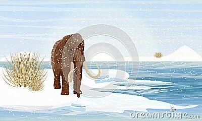 Big woolly mammoth on the bank of a freezing river. Prehistory animals. Ice Age Vector Illustration