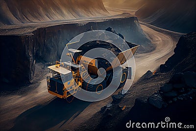 Big yellow mining truck for a coal quarry in an open pit mine.generative ai Stock Photo