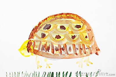 Big yellow turtle. Real drawing of a small child. Drawing by watercolor. Stock Photo