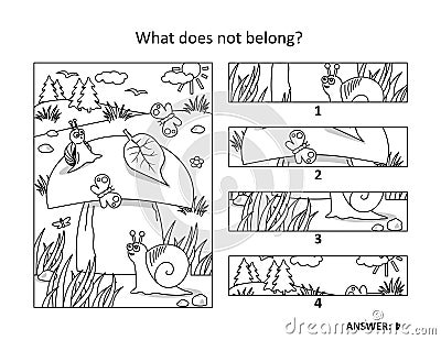 Big yummy mushroom and mom and kids snails. Visual puzzle or picture riddle: What does not belong? Vector Illustration