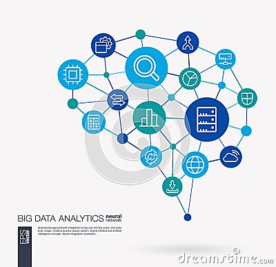 Bigdata analytics, research, big data info center integrated business vector icons. Digital mesh smart brain idea Vector Illustration
