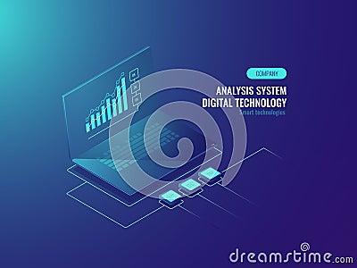 Bigdata report, data statistics on screen of laptop, Business and data charts, incoming information isometric vector Vector Illustration