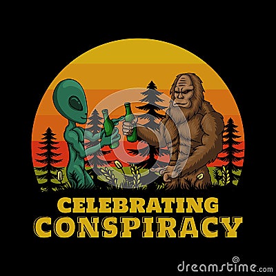 Bigfoot and alien celebrating drink retro vector illustration Vector Illustration