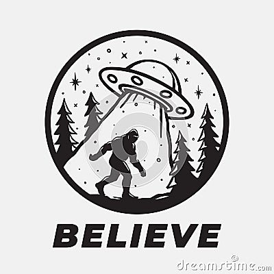 Bigfoot and Alien UFO graphic art Vector Illustration