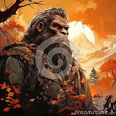 Bigfoot as a samurai warrior army ninja Japanese swords Generative AI Stock Photo